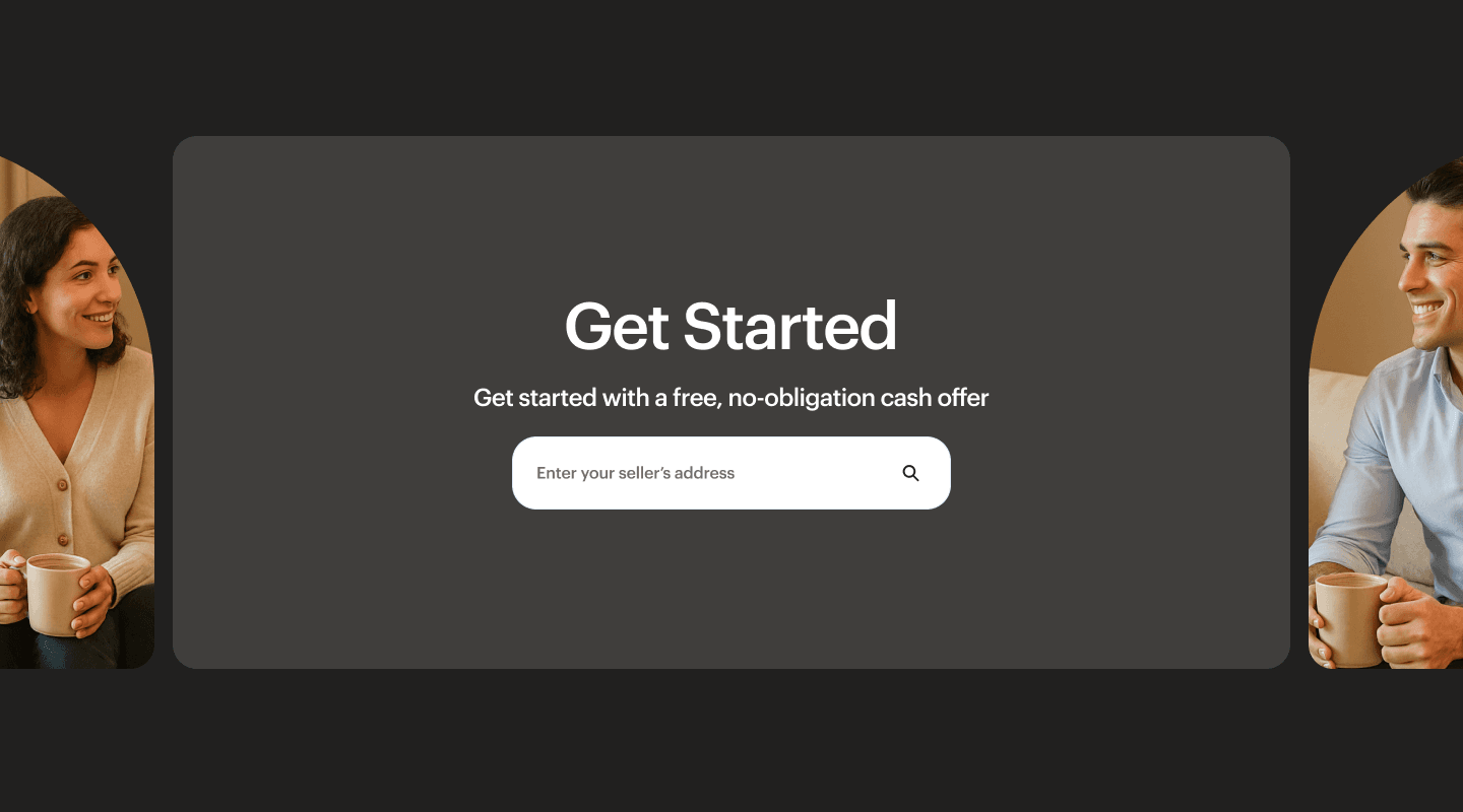 Get Started module — seller's address entry with flanking imagery breaking the offer-flow wall