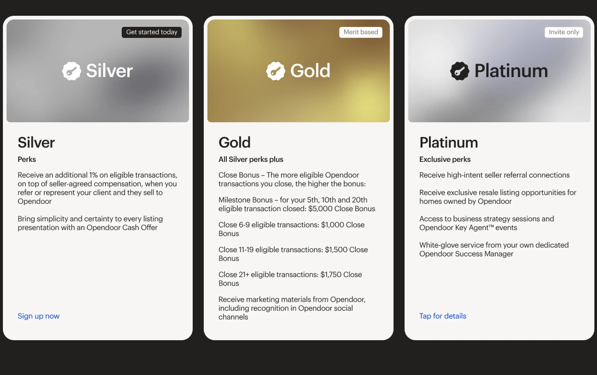 Silver, Gold, Platinum tier cards — the Opendoor Key Agent program