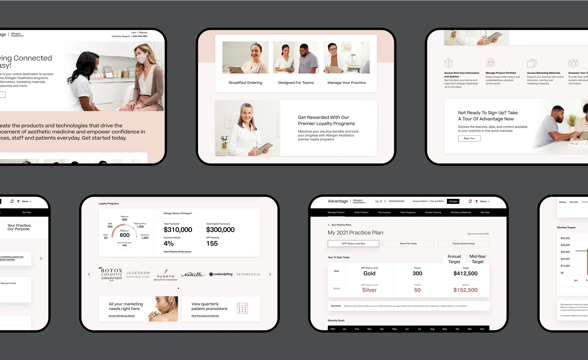 Allergan Advantage screens showing practice planning, provider loyalty, and navigation to ordering and invoices