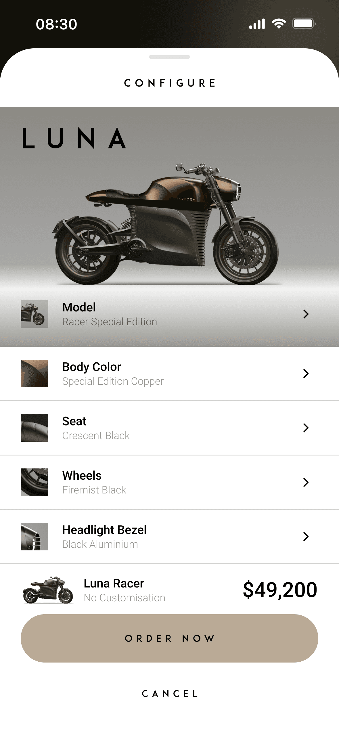 Tarform iPhone app, Configure
