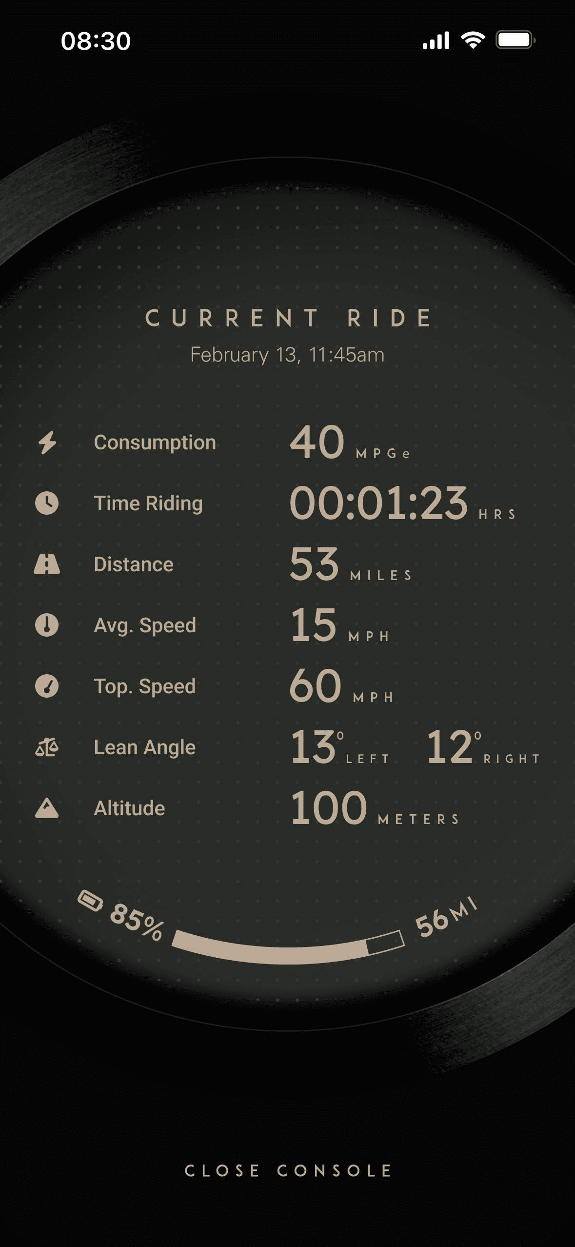 Tarform on-bike 3.4-inch cluster, current ride view