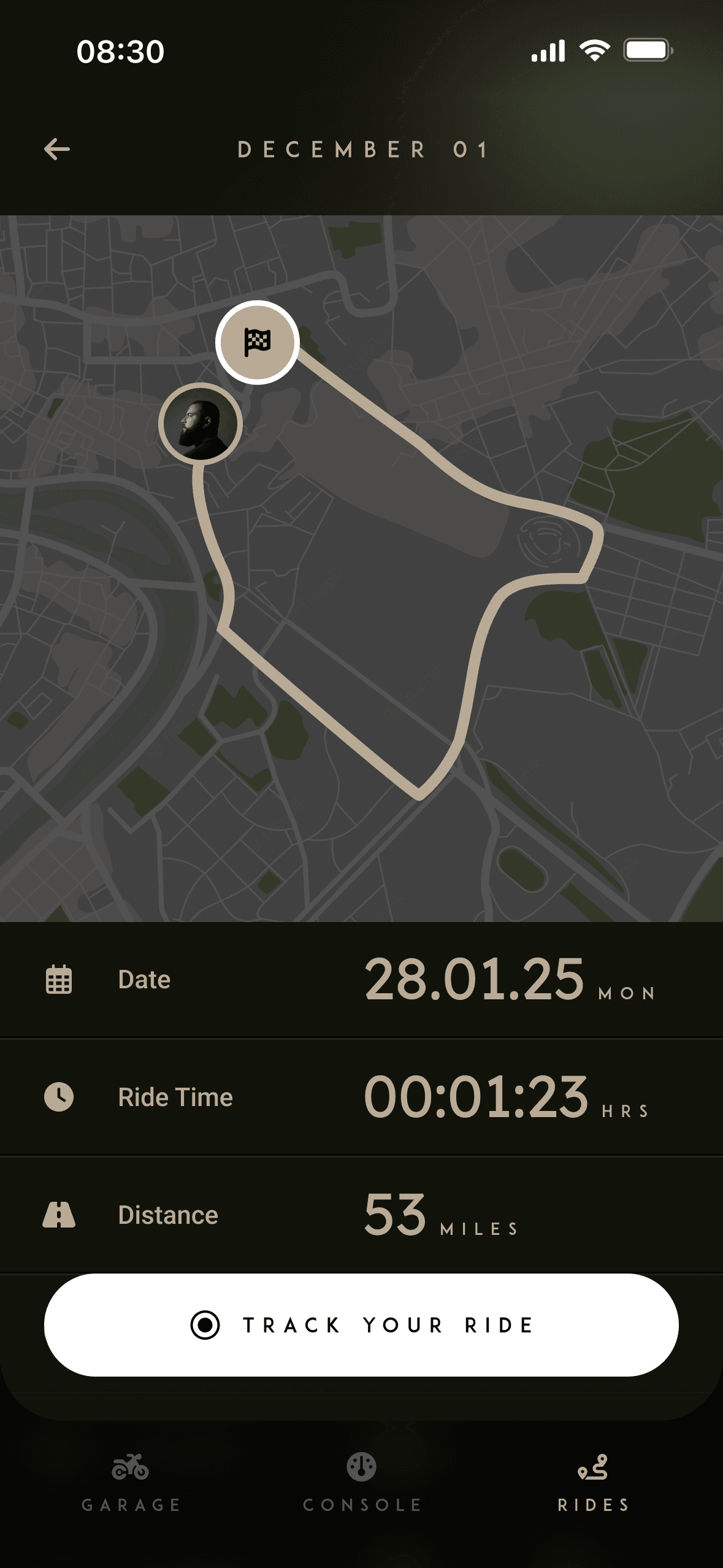 Tarform iPhone app, A specific ride, mapped