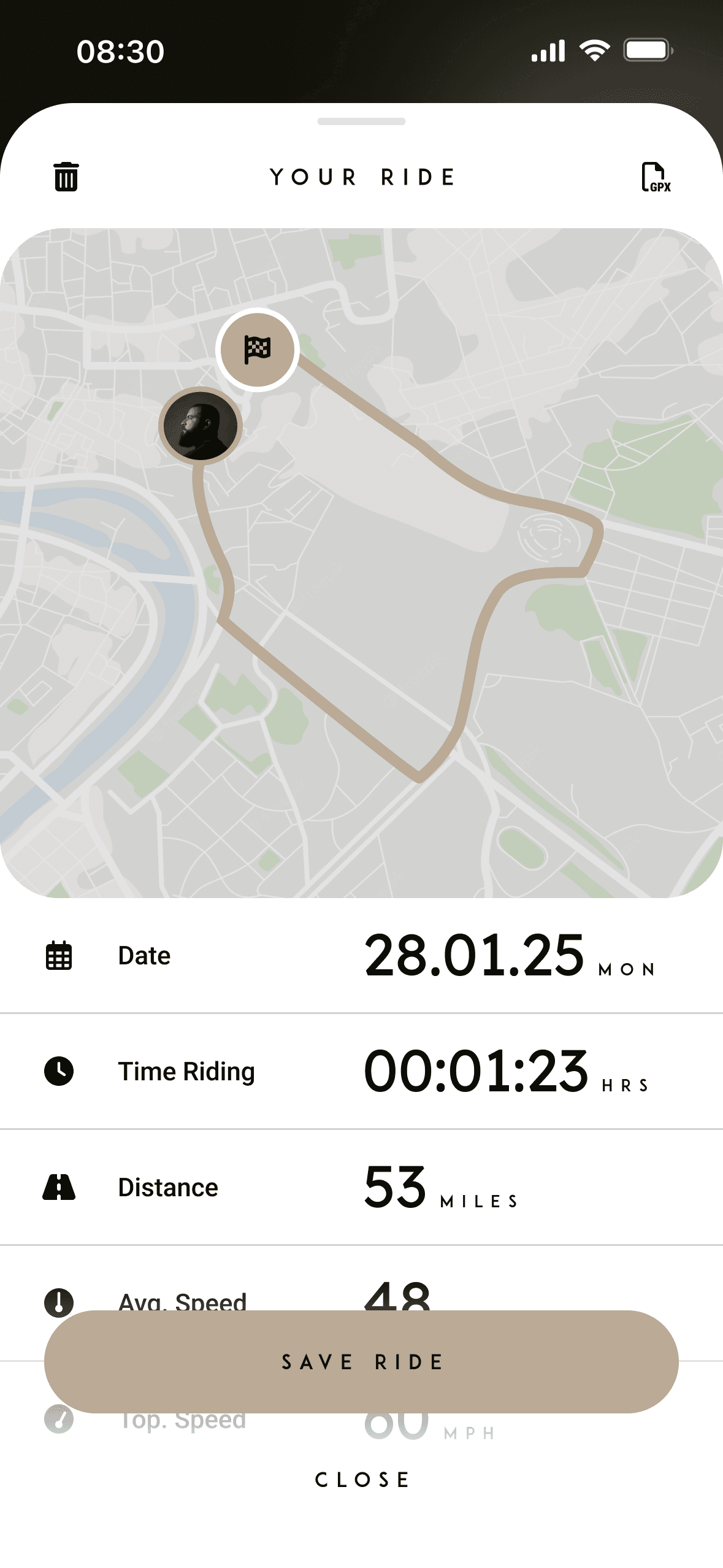 Tarform iPhone app, Save this ride