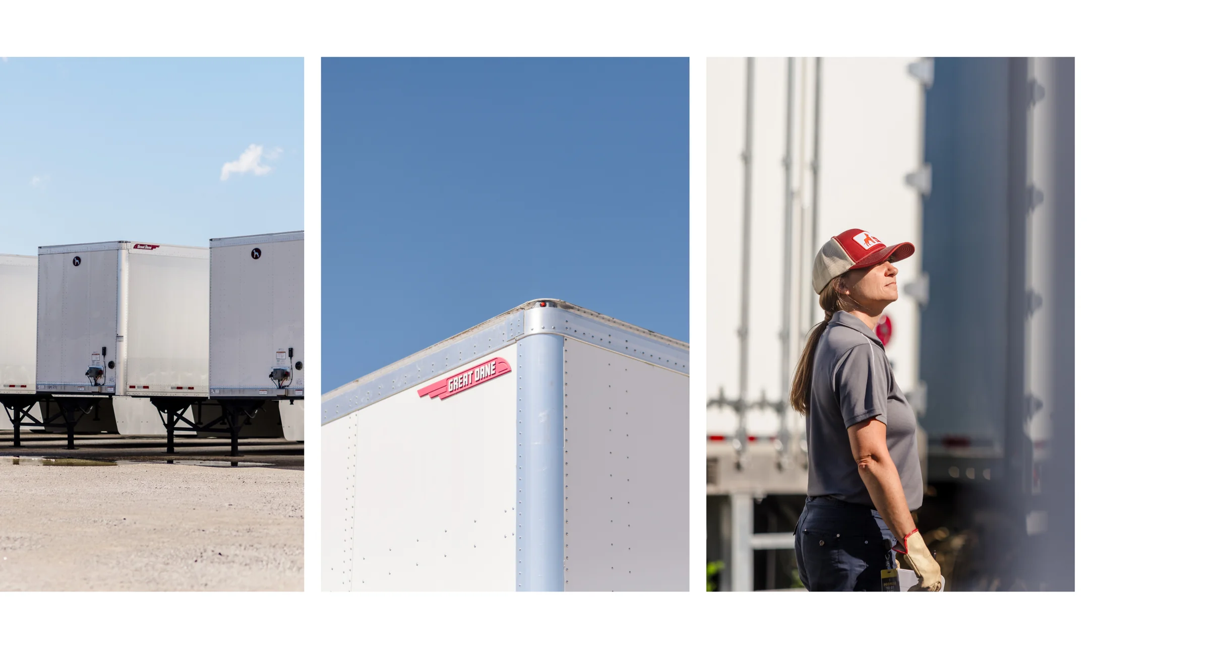 Great Dane photo collage - trailers, logo detail, employee