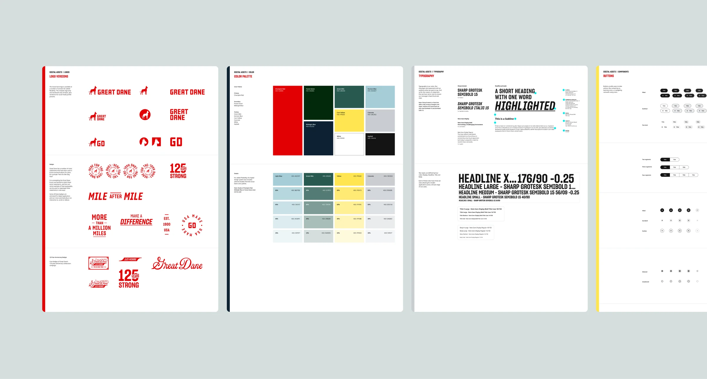 Great Dane design system - logos, colors, typography, buttons