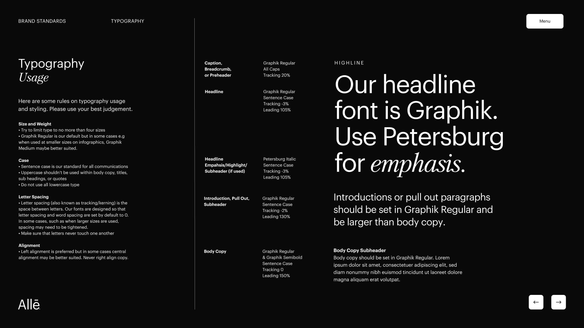Allē brand standards typography usage rules