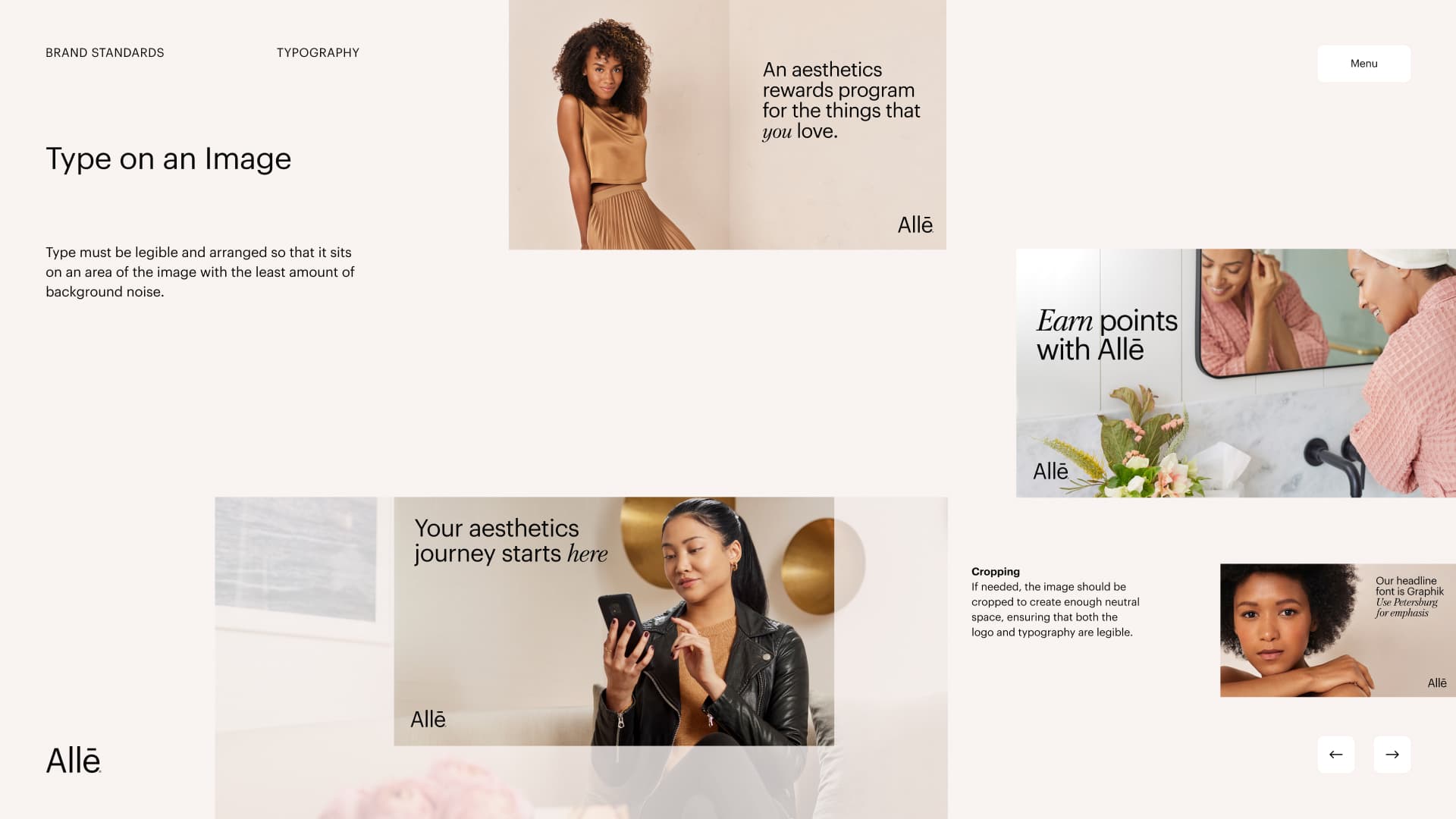 Allē brand standards type-on-image composite with editorial moments