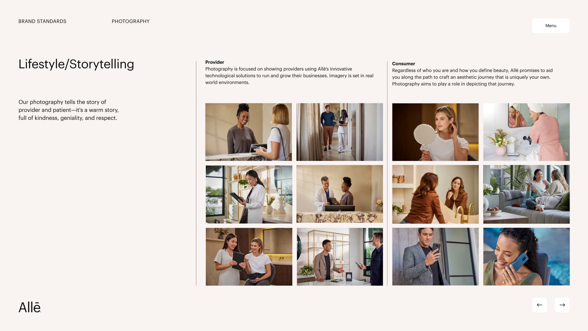 Allē brand standards lifestyle photography specimen grid