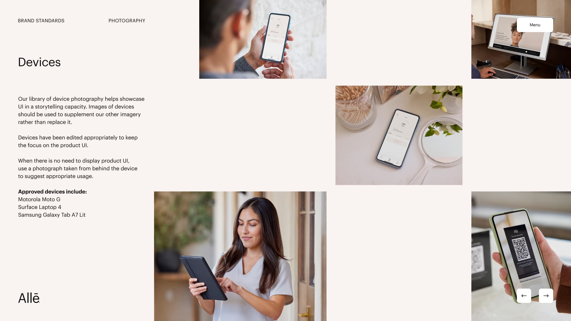 Allē brand standards device photography across mobile, desktop, and tablet