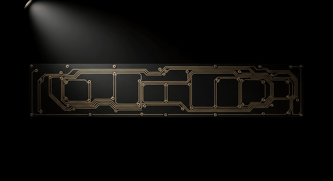 Engineering specimen · precision-machined substrate with gold trace paths