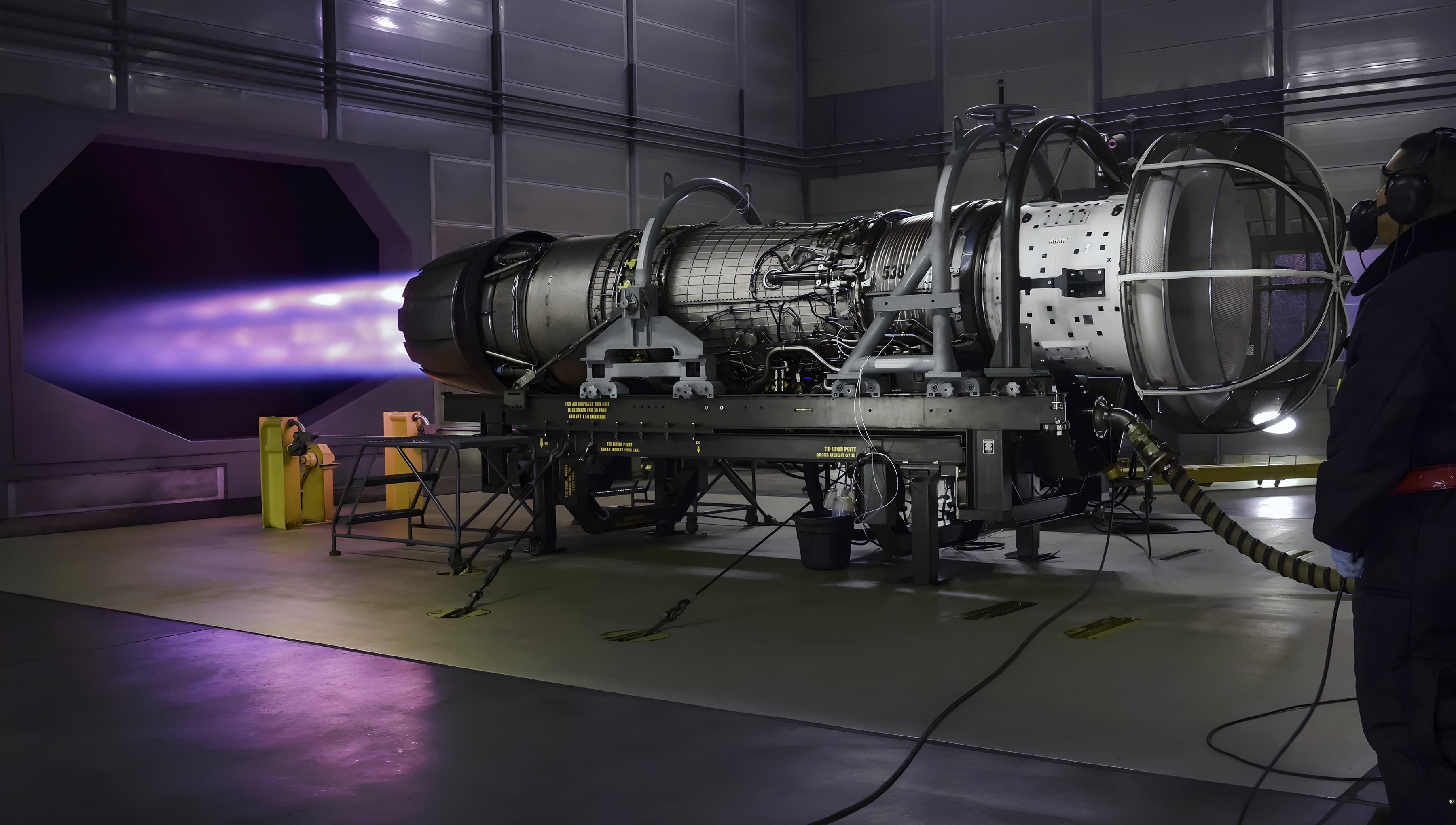 F110 combat engine firing in a GE Aerospace test cell