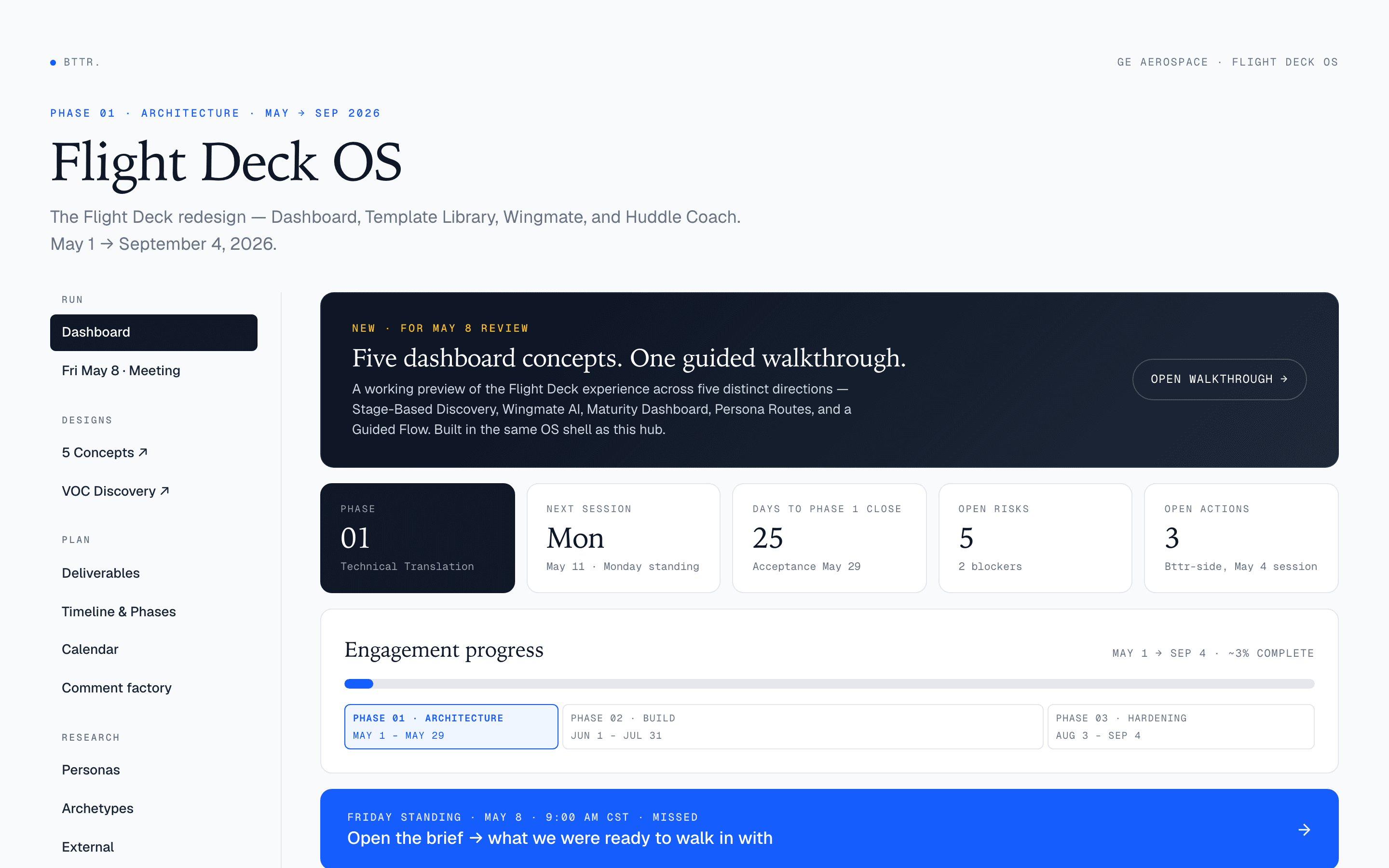 Flight Deck OS project hub, dashboard view