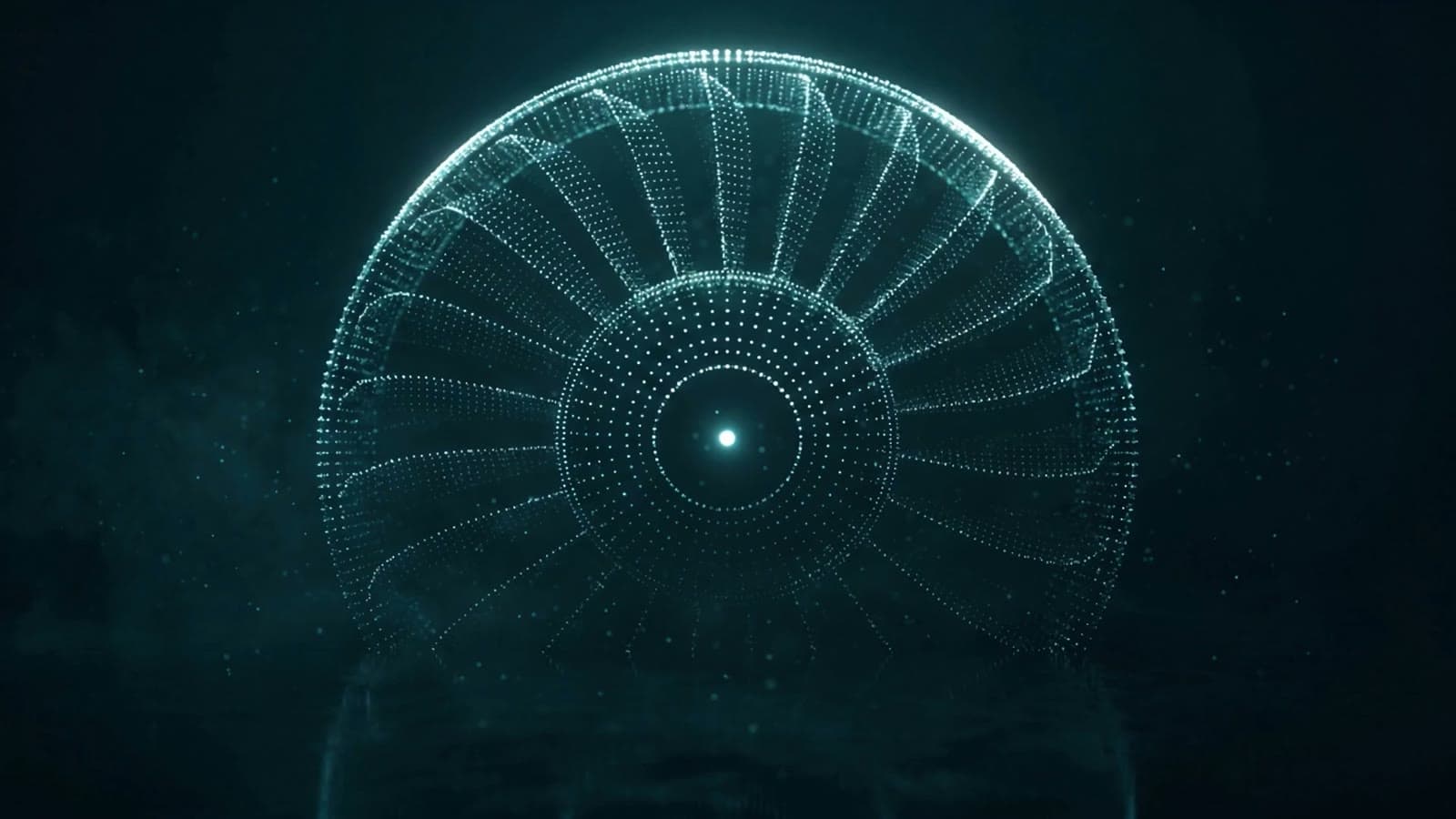 A turbine drawn in points of light, forming out of the dark.