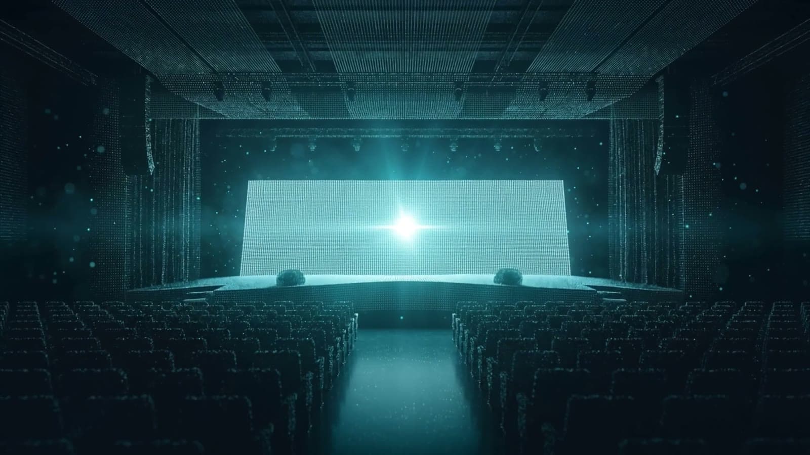 The Orchestrate stage, an empty hall facing a lit screen.