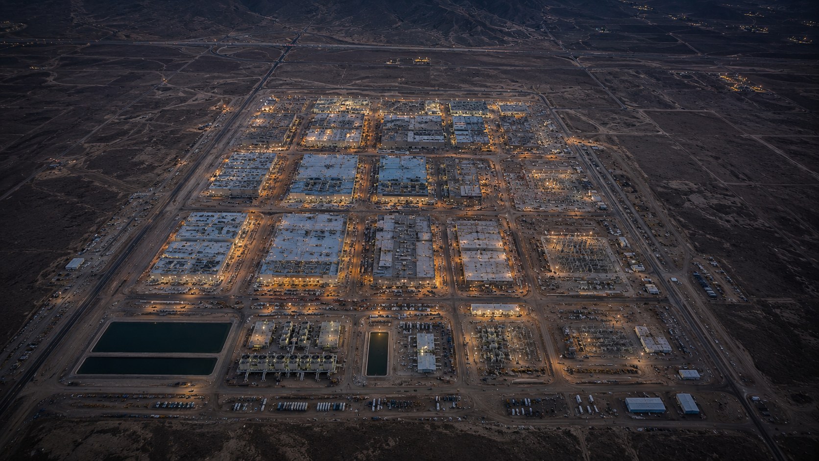 Monumental modular data hall exterior at dawn