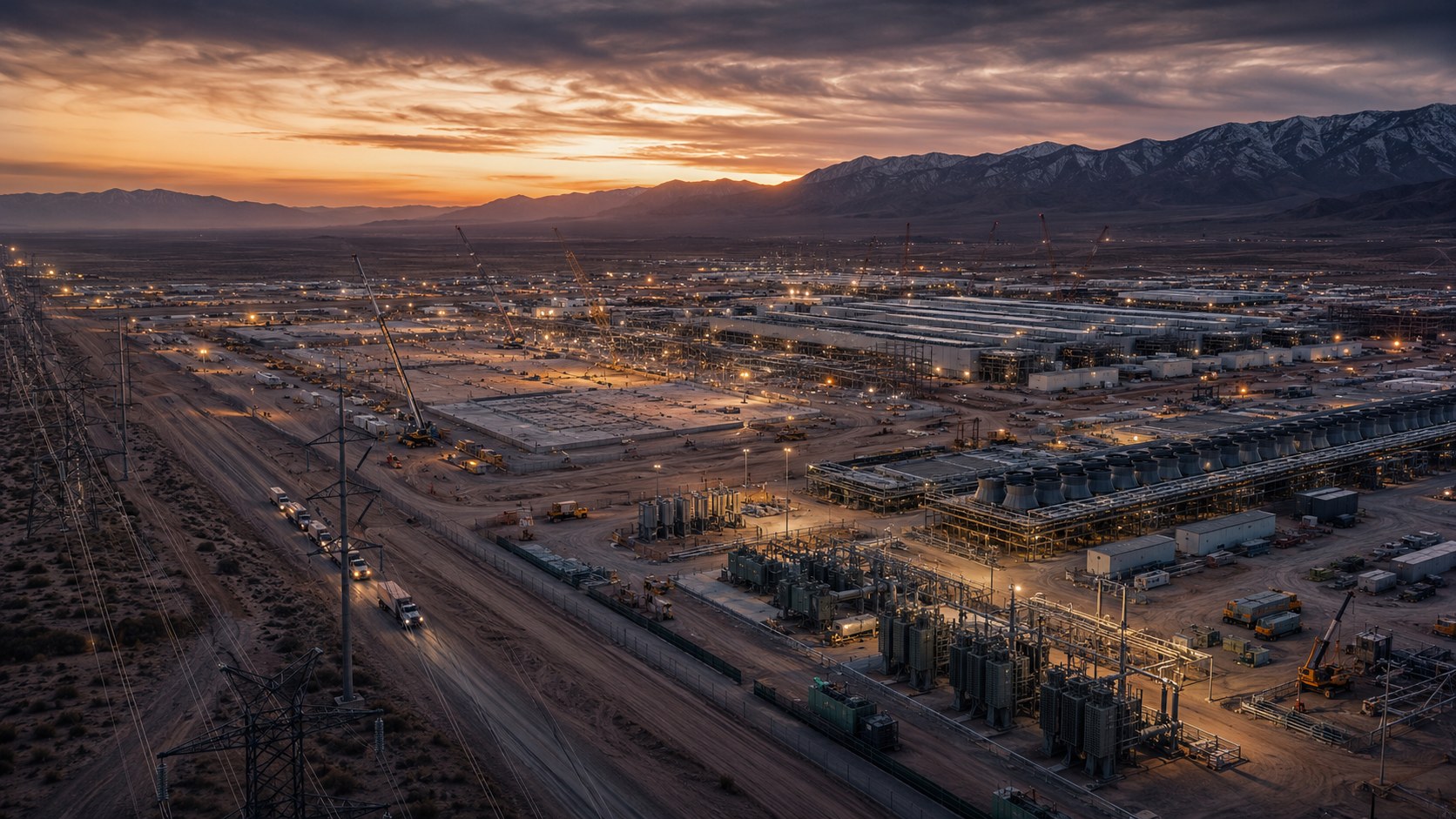 Endless transmission grid across the desert at sunrise